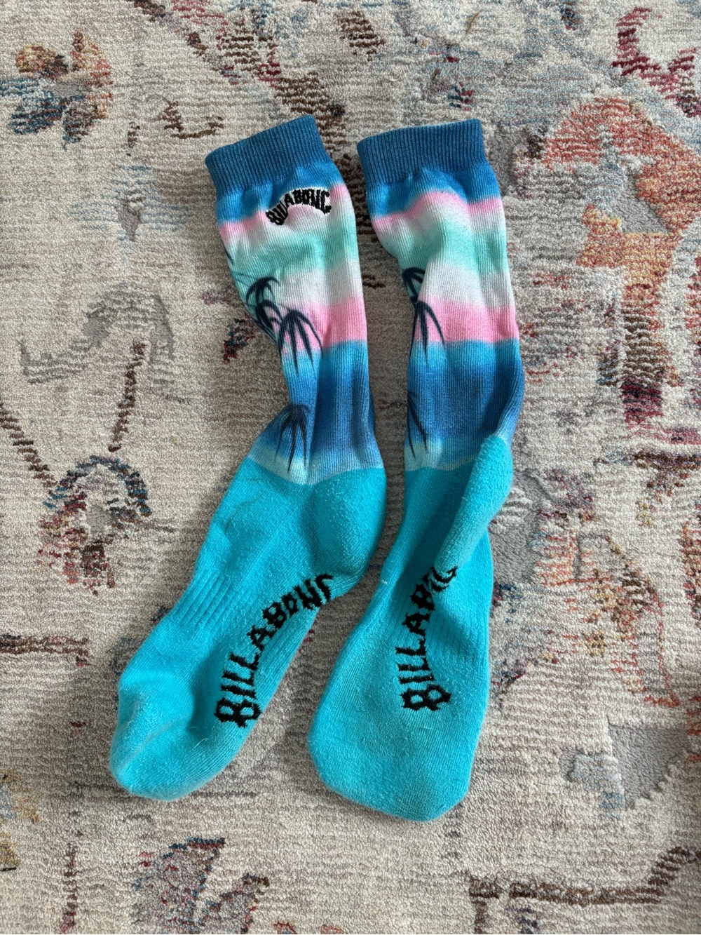 Billabong Teal Crew Socks with Pastel Gradient and Palm Print